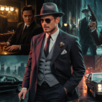 Gengszteres filmek hangulata: karakterek, autók és városi táj.