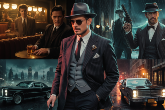 Gengszteres filmek hangulata: karakterek, autók és városi táj.