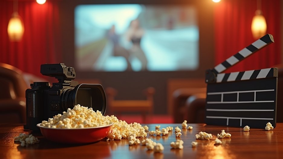 Filmkamera, pattogatott kukorica és filmes klapper a vetítőteremben