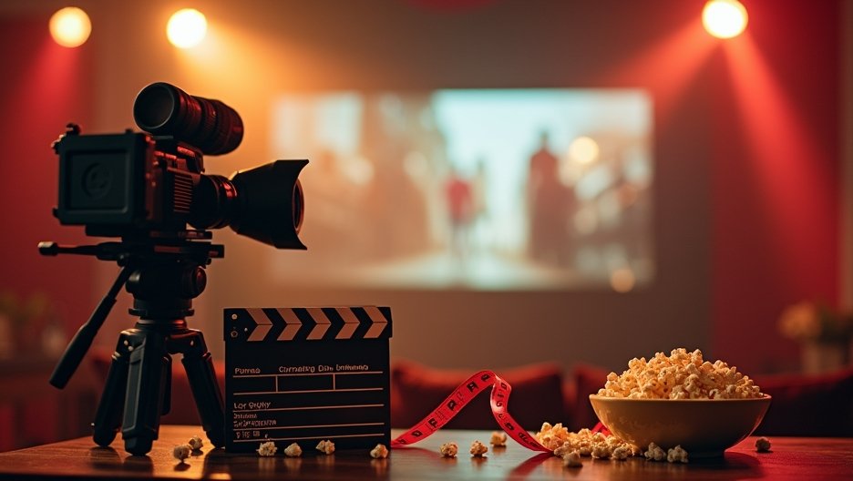 Filmkamera és népszerű popcorn egy mozi környezetben.