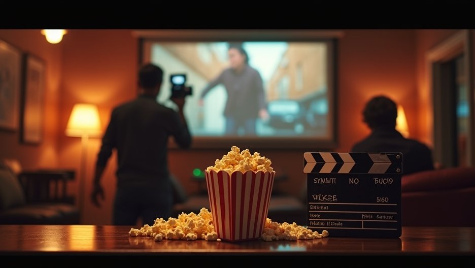 Otthoni filmes est és popcorn a vetítő előtt