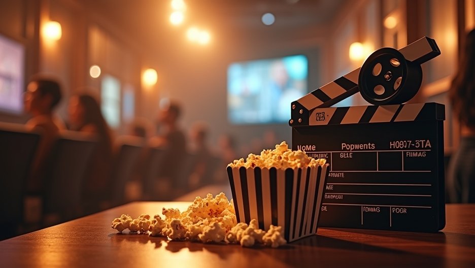 Popcorn és filmes klap szett egy mozi környezetben.