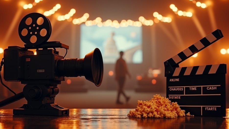 Kamera és filmes kellékek, popcornnal egy filmes környezetben.