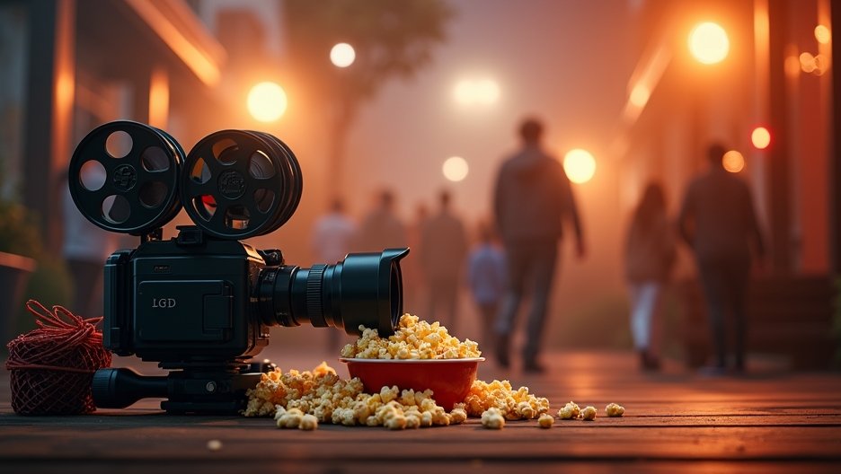Film kamera és popcorn a filmes estét jelképezve.