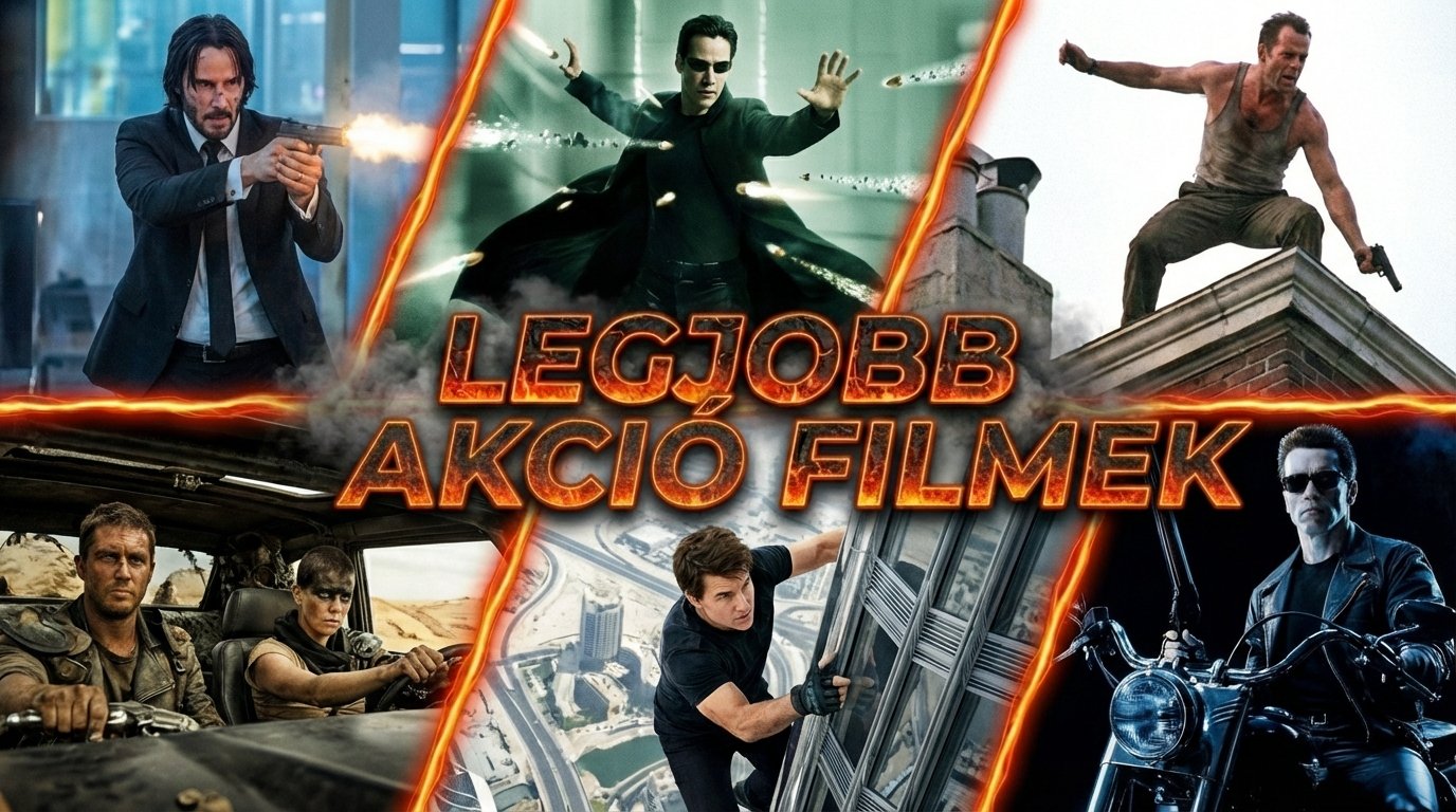 Legjobb akciófilmek jelenetei izgalmas harcjelenetekkel és autós üldözésekkel.