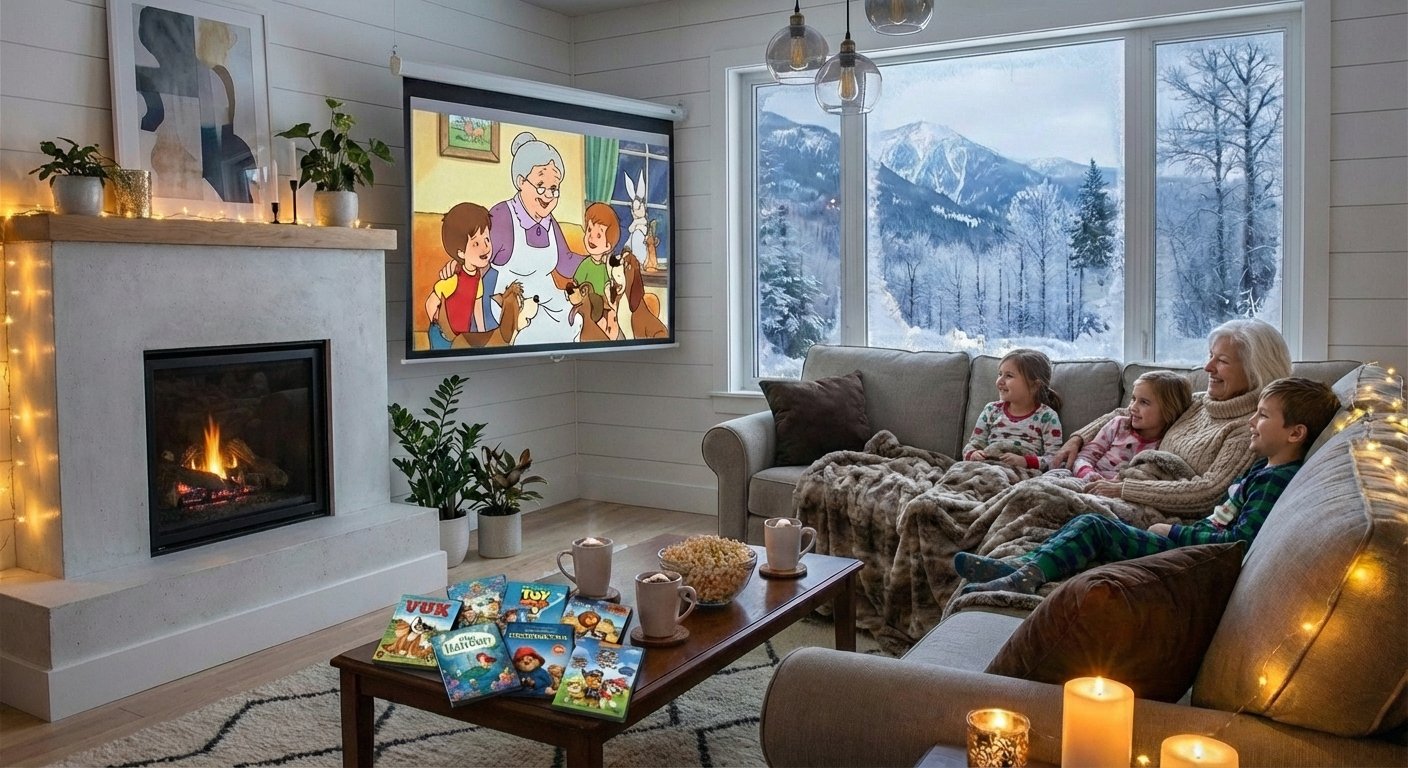 Családi rajzfilm nézése a nagymamával a tűzhely mellett.