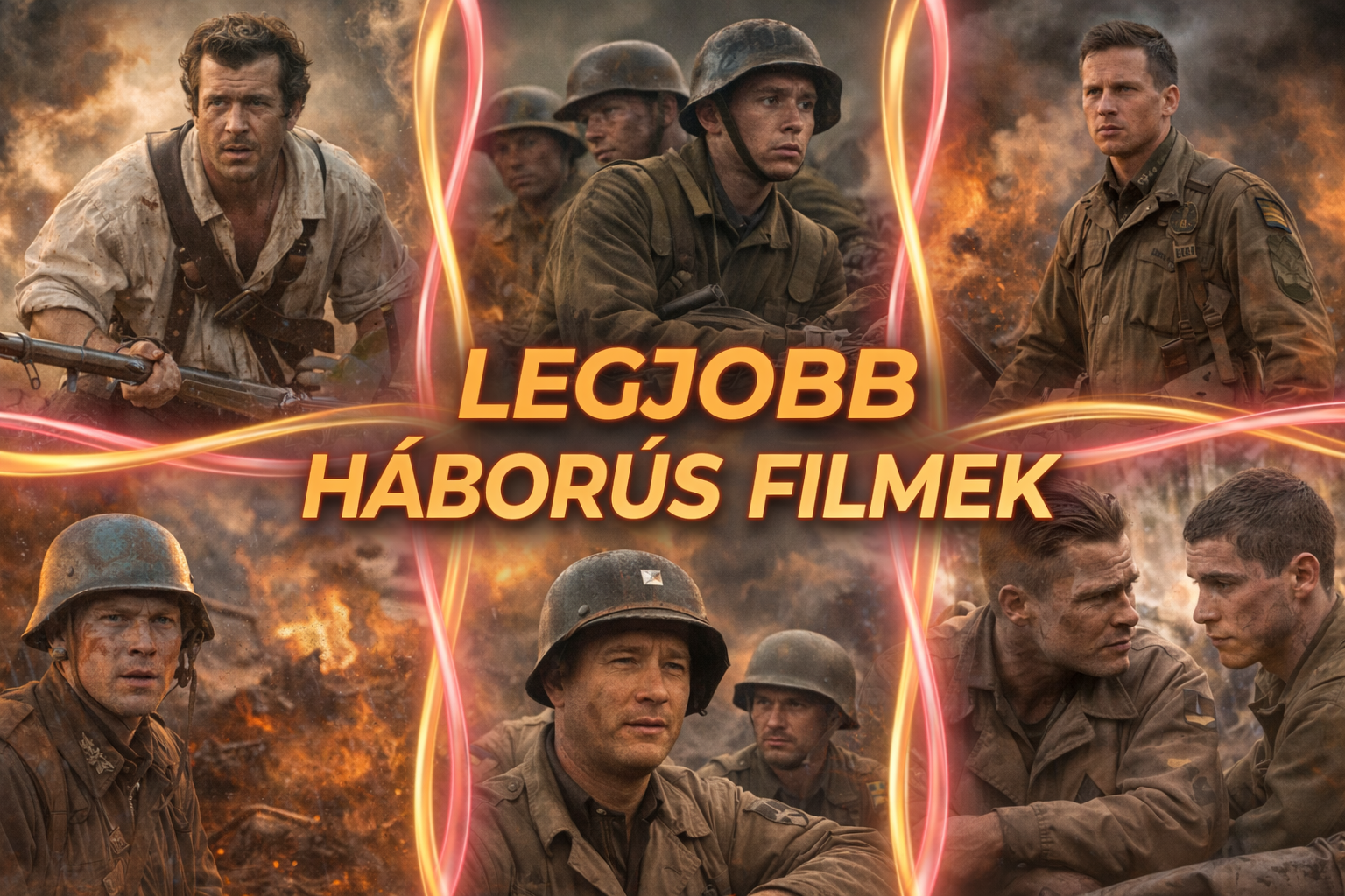 Háborús filmek jelenetei, hősies katonákkal a csatatéren.