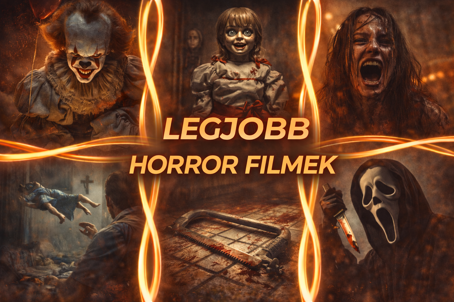 Legjobb horror filmek klasszikus karakterei és jelenetei.