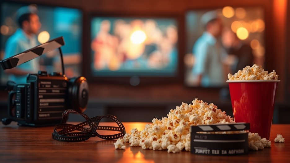 Popcorn, kamera és filmes eszközök filmes estén.