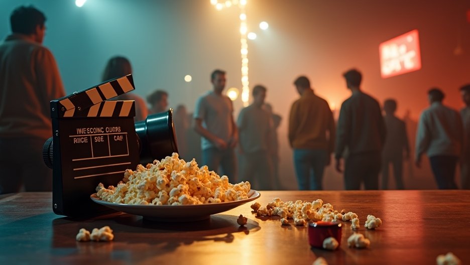 Popcorn and film camera at a cinematic event atmosphere.