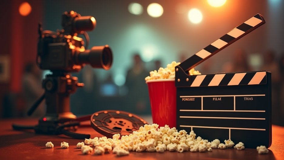 Filmes kellékek popcorntál és filmes klapka egy kamerával.