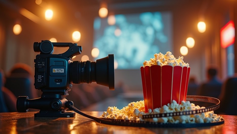 Kamera és popcorn a film vetítéshez