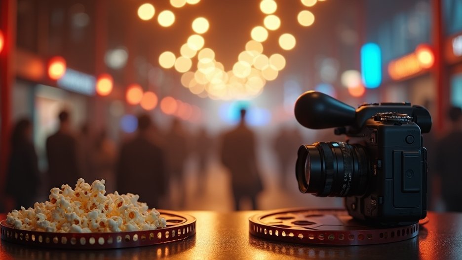 Popcorn and film camera at a vibrant film festival setting
