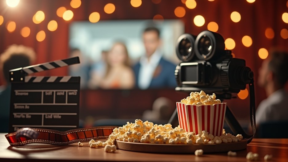 Filmpiknik jelenet: popcorn, kamera és filmes kellékek