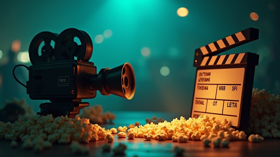Régi filmes kamera és filmes klappal, popcornnal