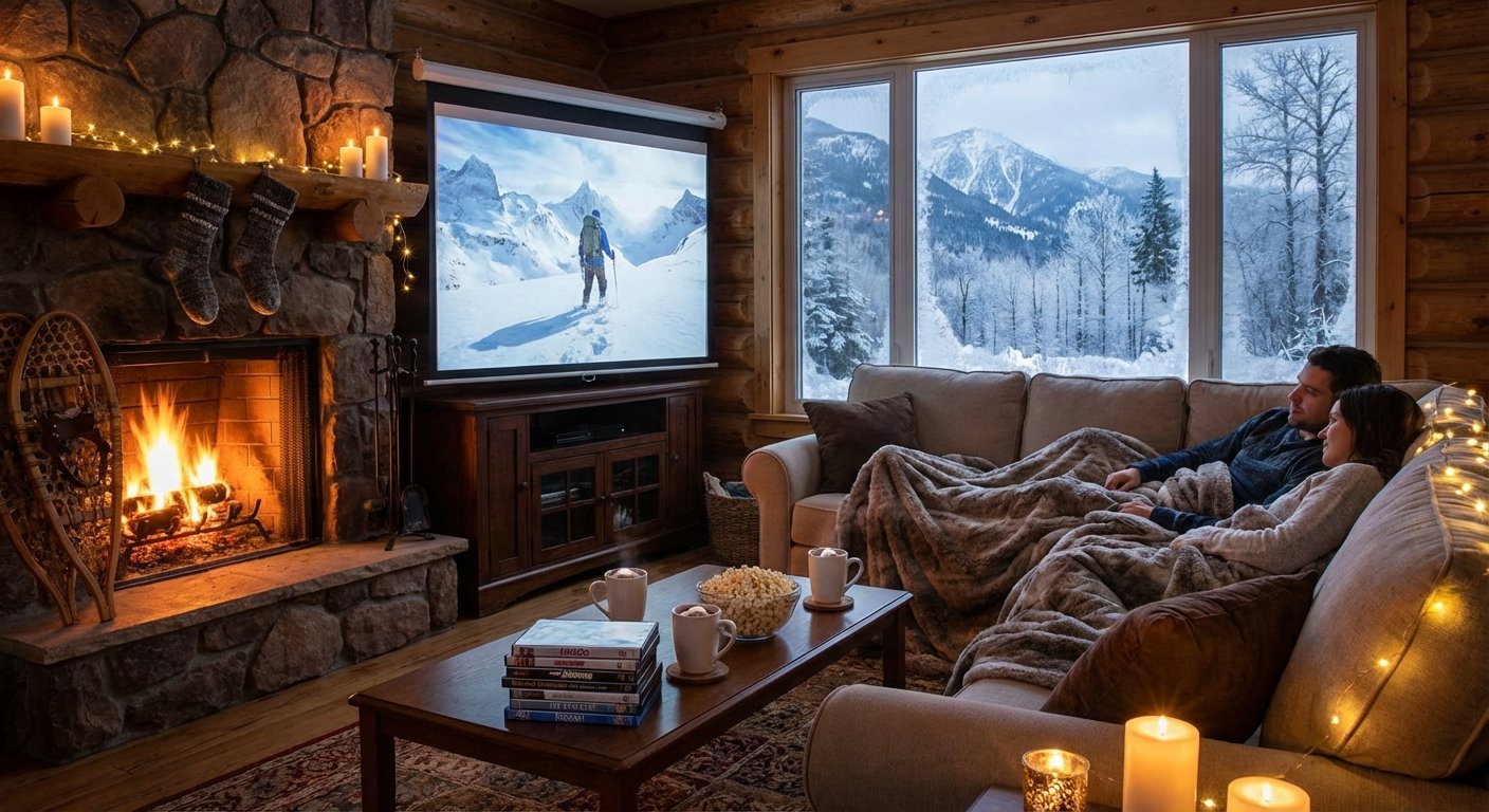 Két ember filmnézés közben egy meghitt téli estén egy kandallónál.