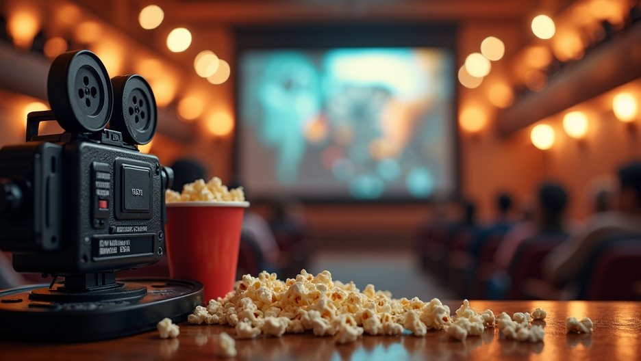 Régi filmprojektor és popcorn egy mozi előtérben.