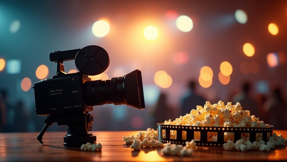 Régi filmes kamera és popcorn filmvetítéshez