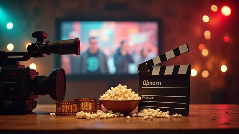 Film kamera, popcorn és clapperboard a fényes háttér előtt.