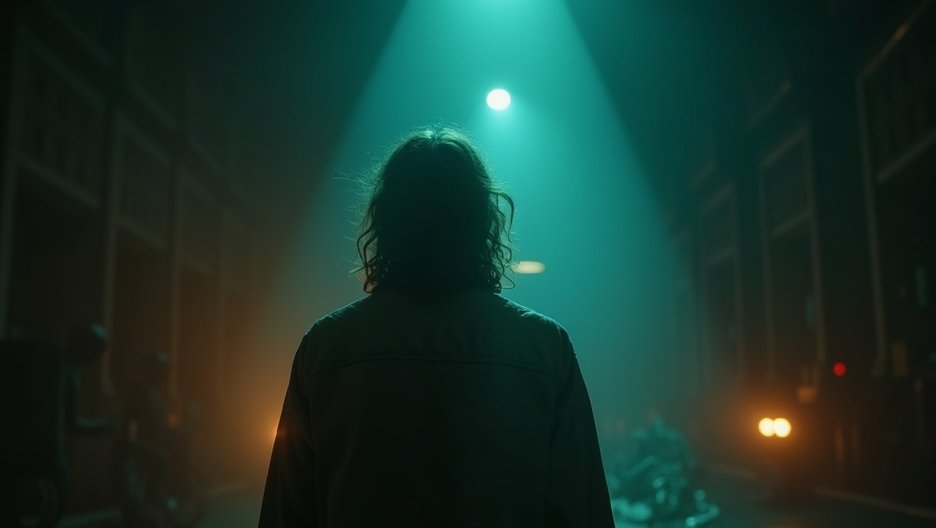 Sötét színpad fényben álló figura háttal.