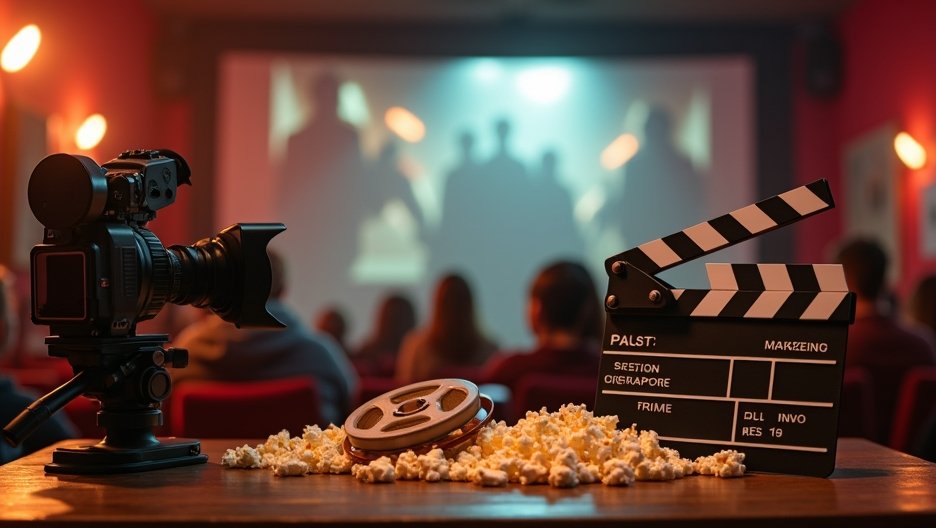 Filmes kellékek, kamera, filmes tekercs és pattogatott kukorica egy moziban.