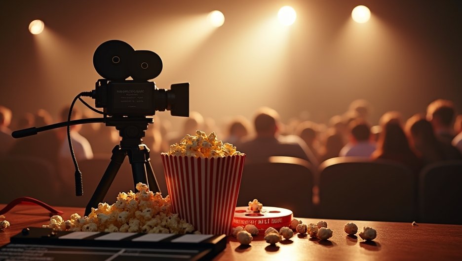 Klasszikus filmszett: kamerával és popcornnal a nézőtéren