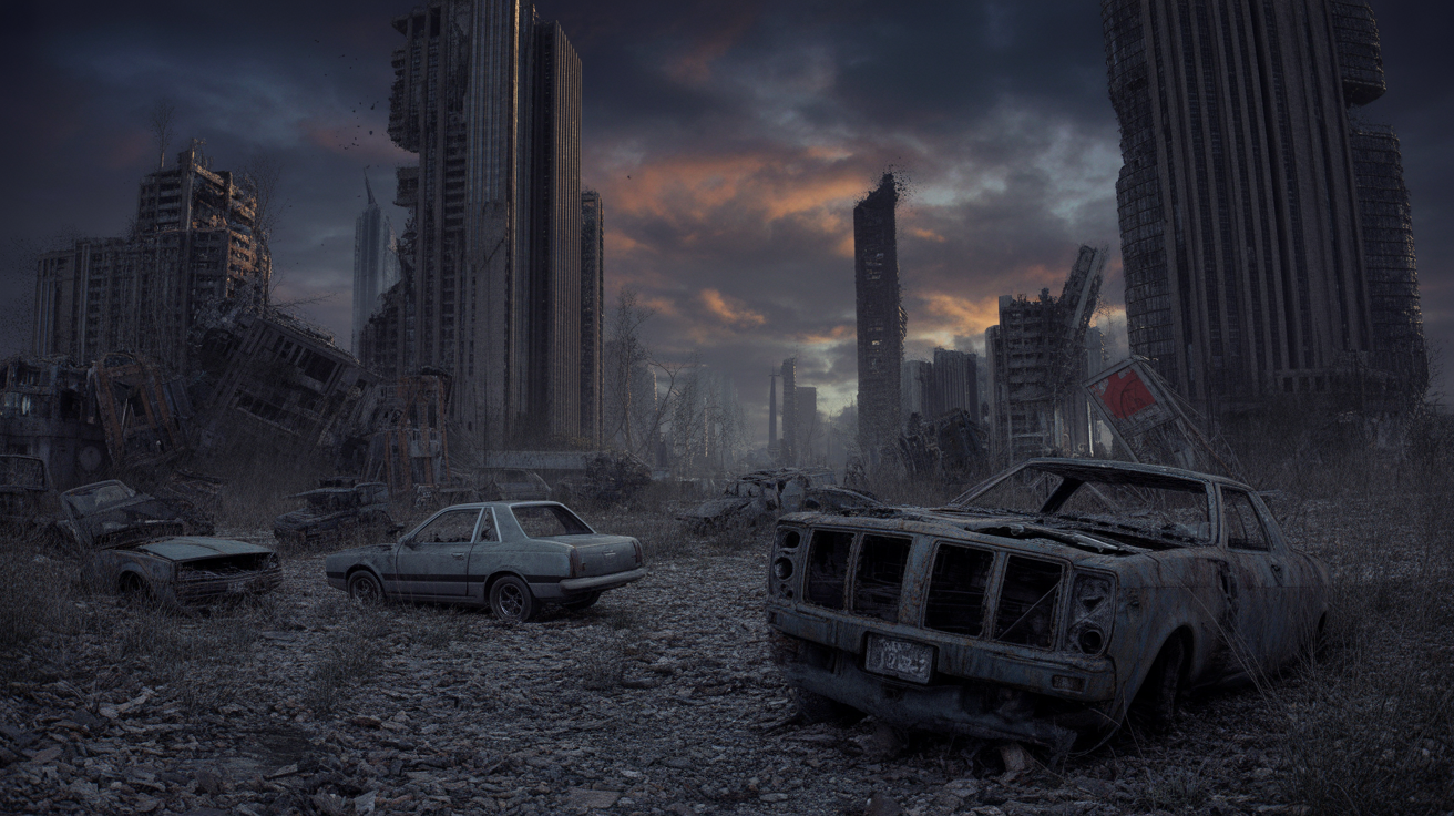 Posztapokaliptikus táj romos épületekkel és elhagyott autókkal