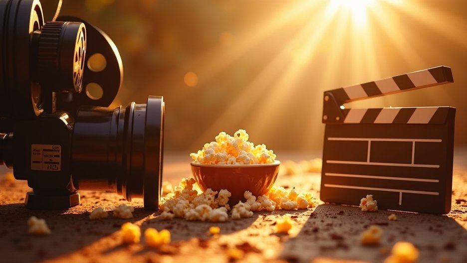 Klasszikus filmes kellékek: régi kamera, popcorn és clapperboard