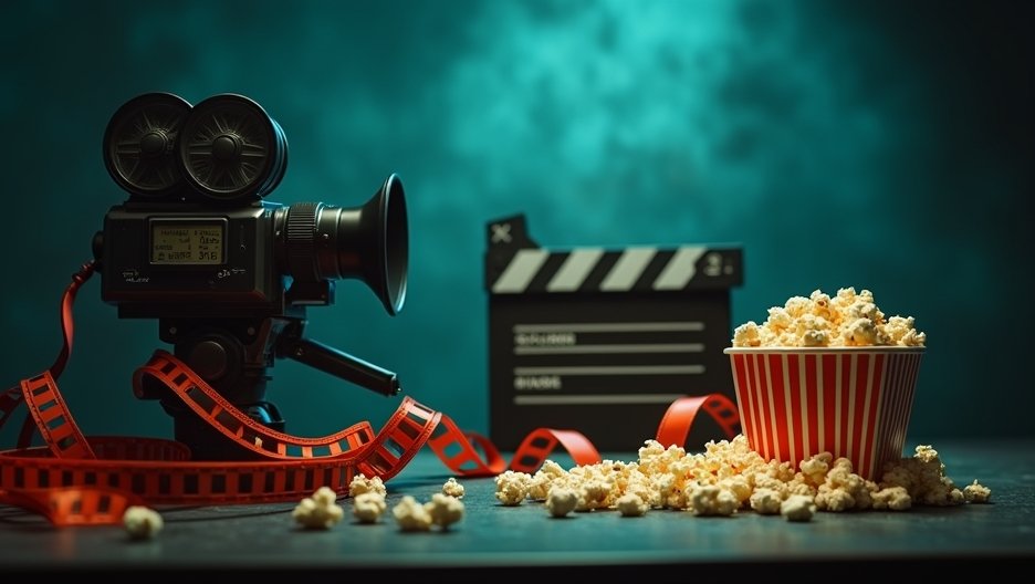 Retro filmkamera, filmes klapper és popcorn egyedi kompozícióban.