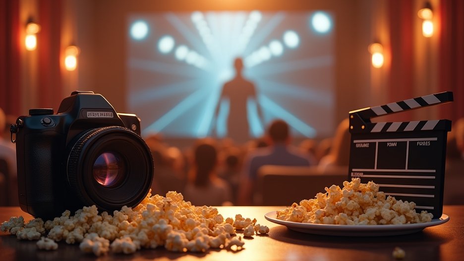 Kamera és popcorn a moziban, háttérben filmes jelenet