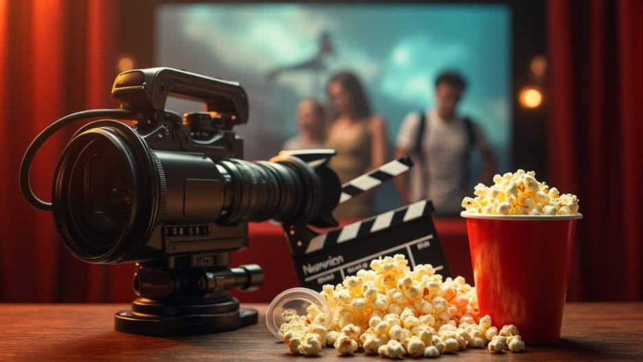 Filmeszközök: kamera, filmes clapperboard és popcorn egy vetítés előtt.