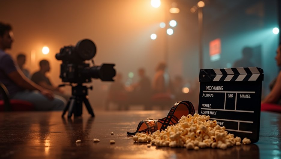 Film készítő eszközök, popcorngyűjtemény és nézők háttérben