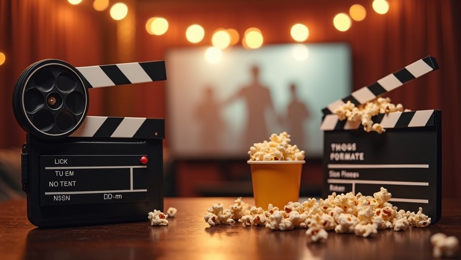 Filmes kellékek, klapccal és popcornnal egy filmvetítés előtt.
