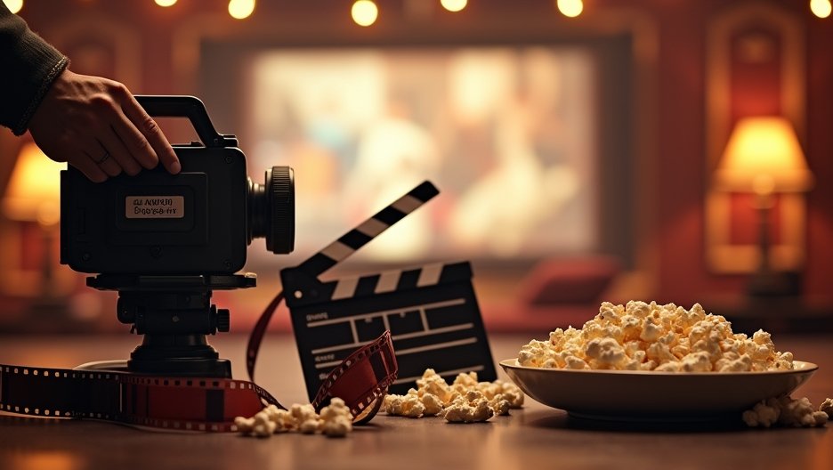 Filmes kiegészítők egy klasszikus mozi környezetben, kamerával és popcorngal.