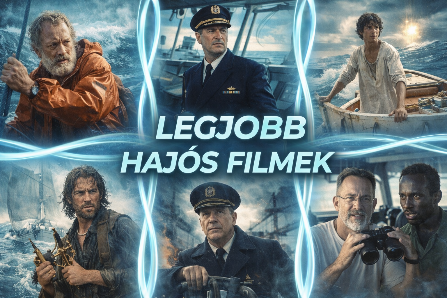 A legjobb hajós filmek kollázs, izgalmas karakterekkel a tengeren.