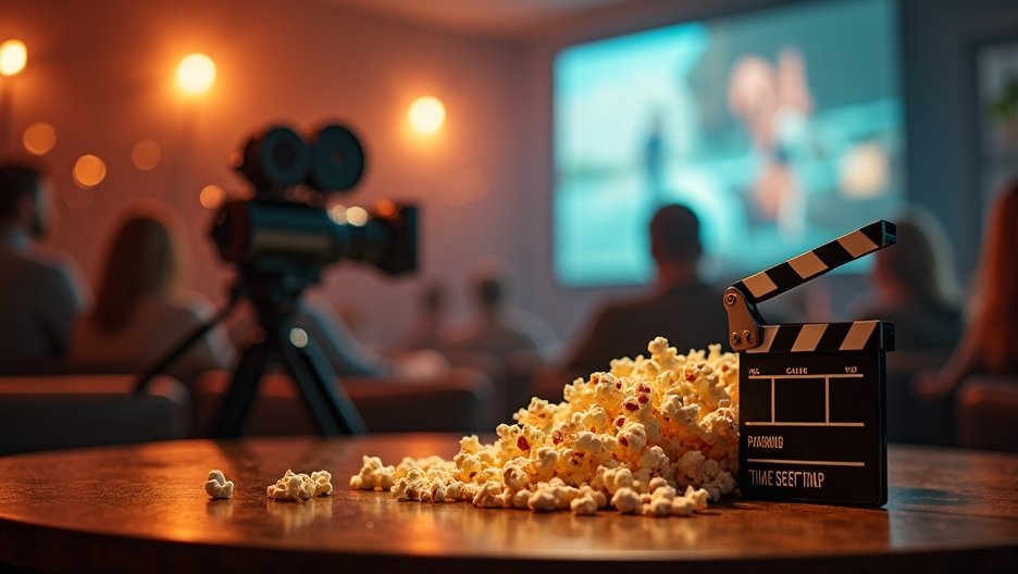 Popcorn and a film clapperboard in a cozy cinema setting.