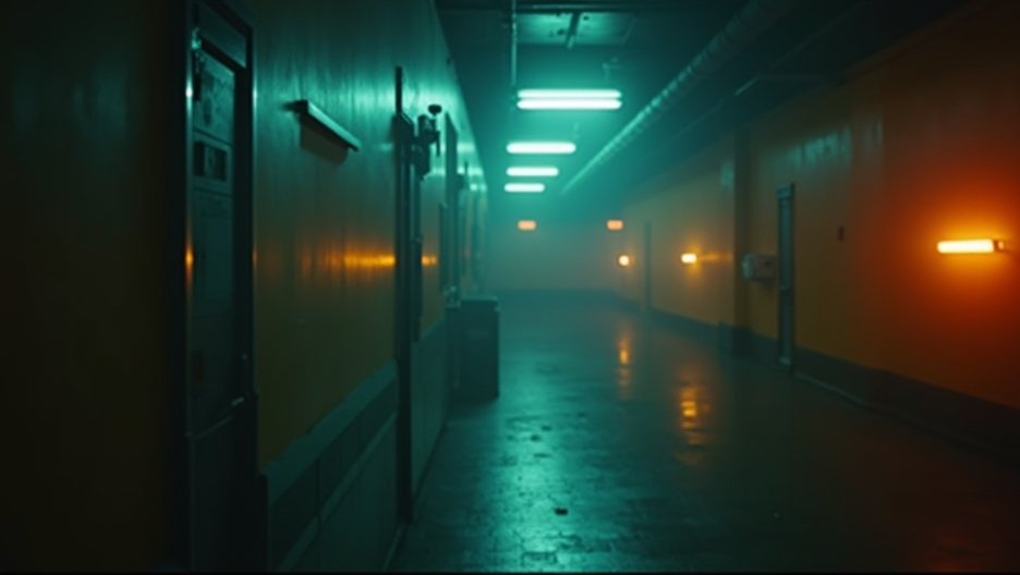 Hosszú, sötét folyosó neon világítással egy film jelenetében