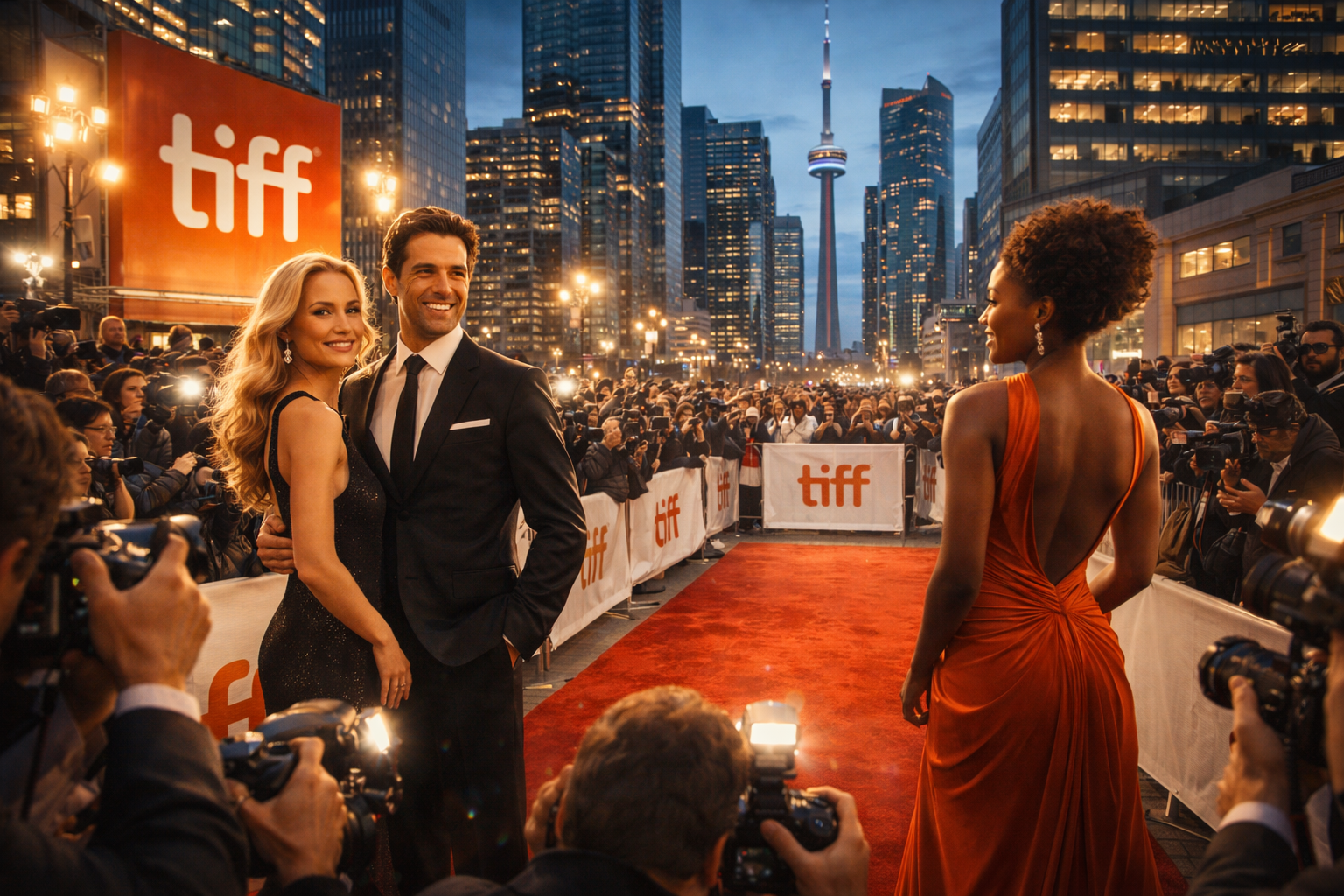 Párok a vörös szőnyegen a Torontói Nemzetközi Filmfesztiválon, háttérben a CN Tower.