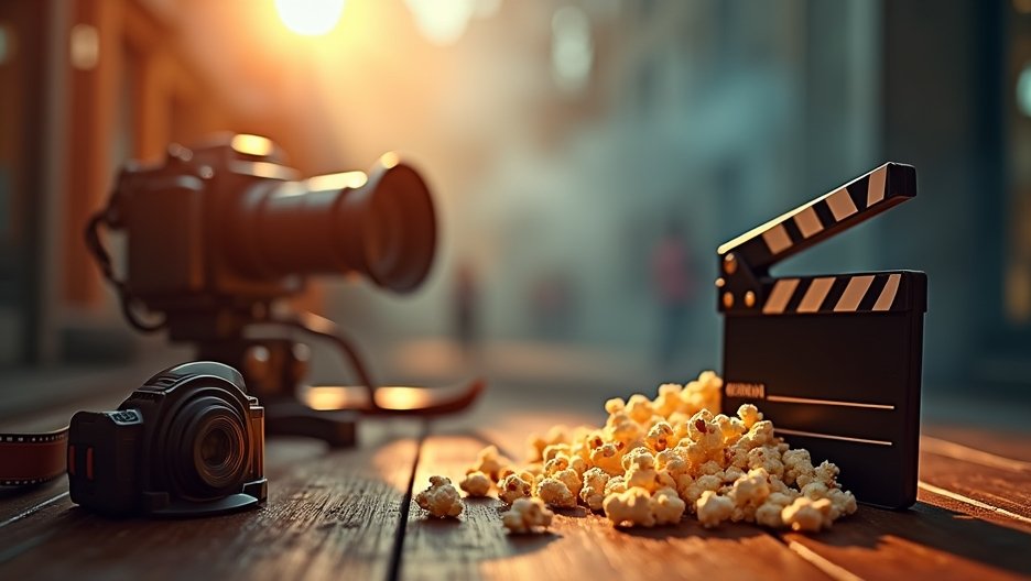 Filmes eszközök, fényképezőgép és popcorn készülék mellett.