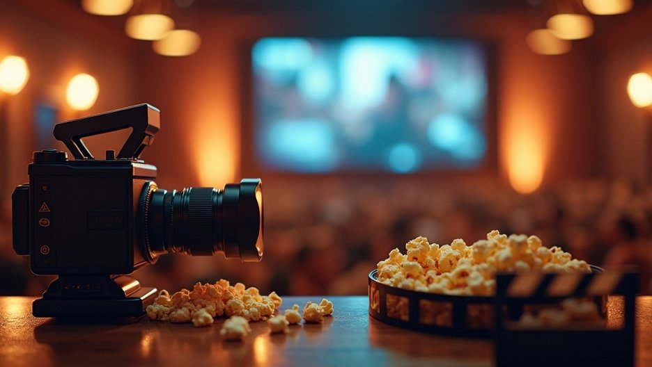 Kamera és popcorn a mozi előtt, a háttérben film vetítése