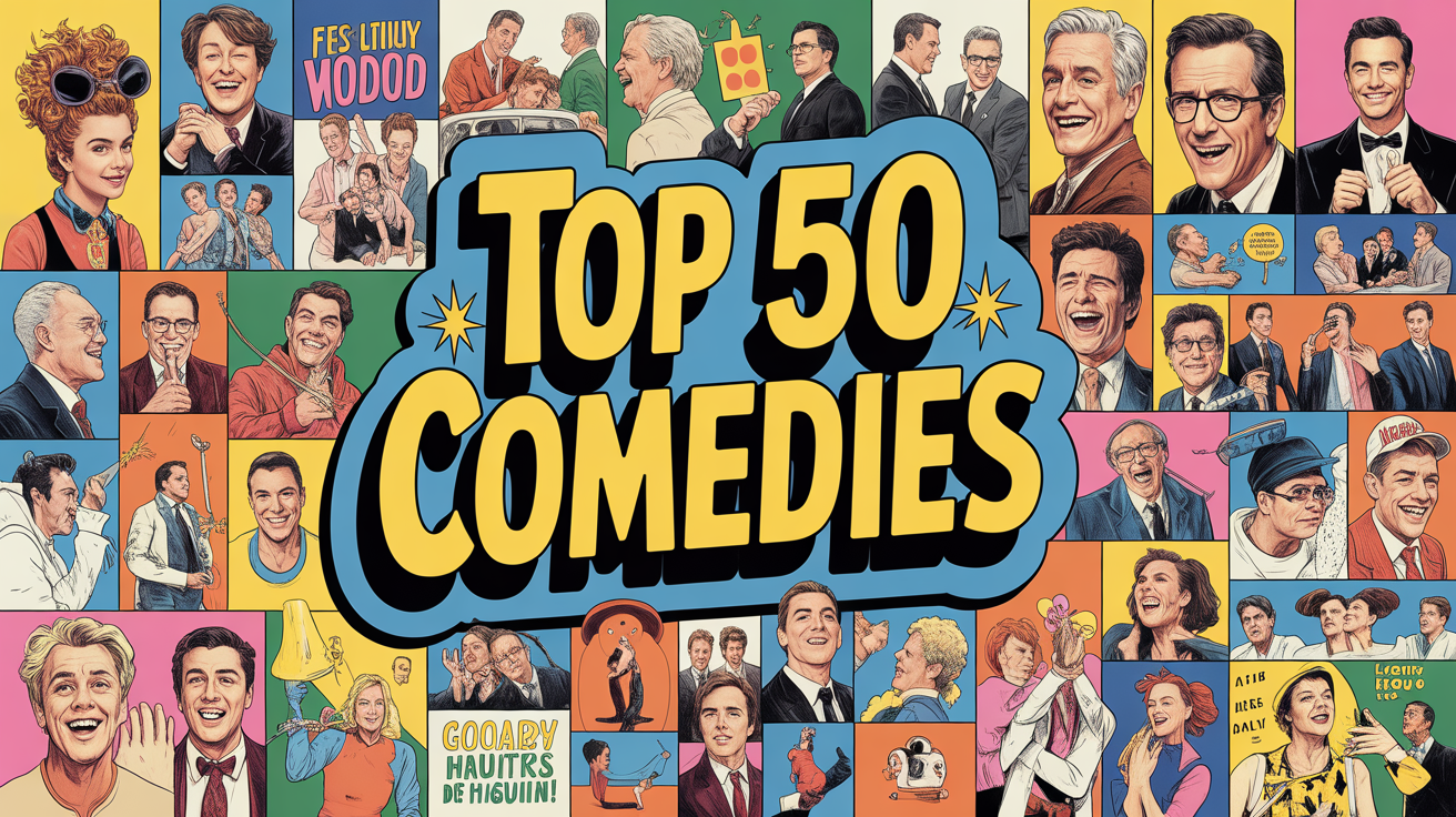 A legjobb vígjátékok összegyűjtve, színes karakterek és jelenetek.