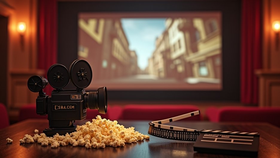 Régi filmkamera popcornnal és filmes kellékekkel.