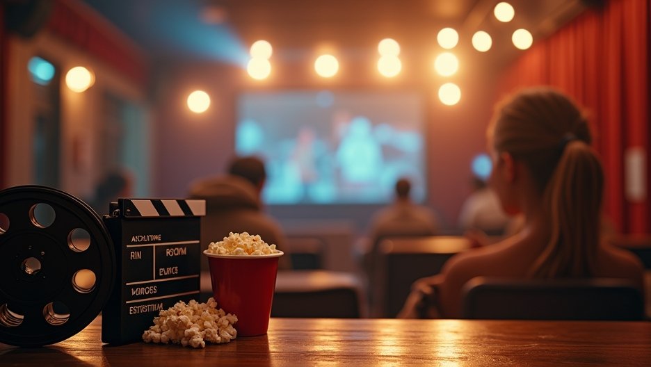 Filmvetítés élvezete popcorngyűjtéssel és filmes kellékekkel.