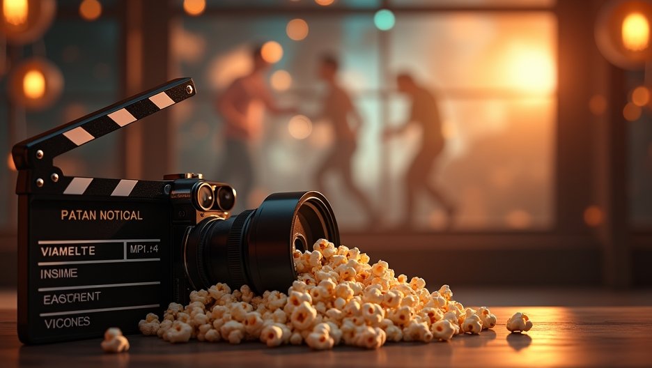 Filmklap és pattogatott kukorica egy mozi háttérrel.