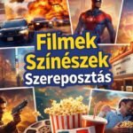 Filmszínészek és filmplakátok kollázsa szórakoztató stílusban.