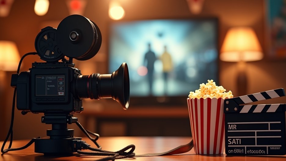 Filmes kellékek: kamera, popcorntartó, és filmes klapka a háttérben