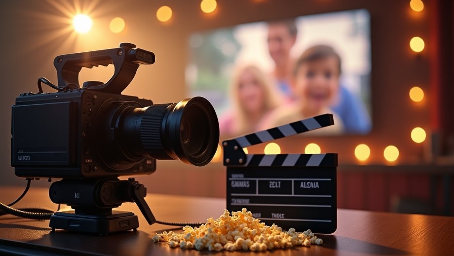 Filmkészítési eszközök: kamera, filmes clapper, és popcorn