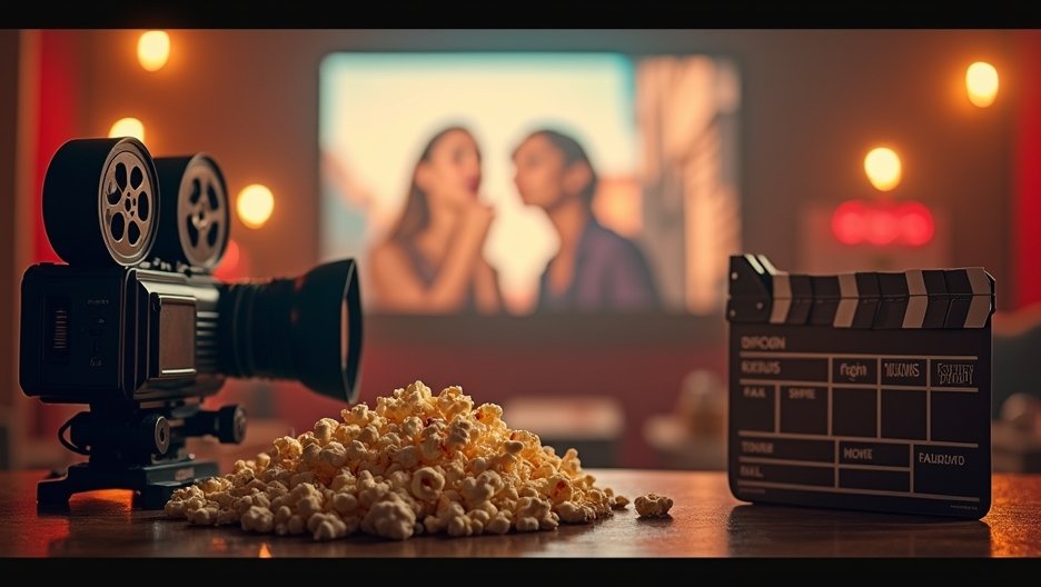 Fekete filmkamera, pattogatott kukoricával és klapka a vászon előtt