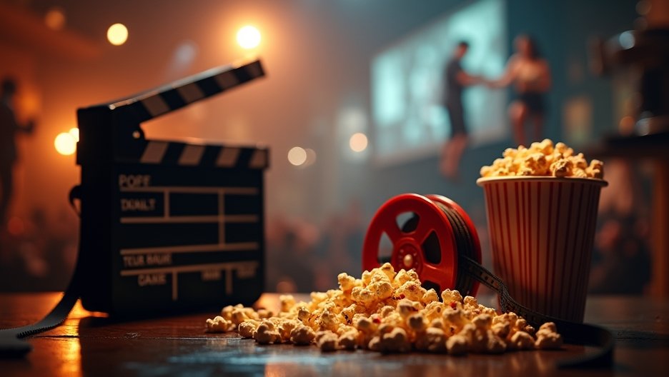 Filmeszközök és popcorn egy mozi környezetben