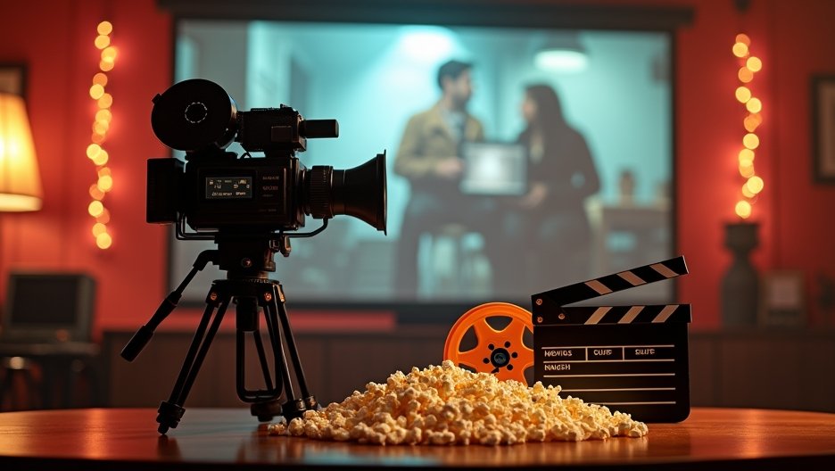 Filmeszközök és popcorn egy otthoni moziban, háttérben film jelenet